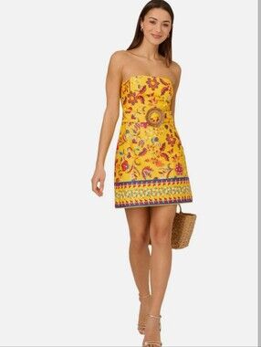 Adrianna Papell Floral Sheath Dress Size 16 Yellow Multicolor Belted Strapless